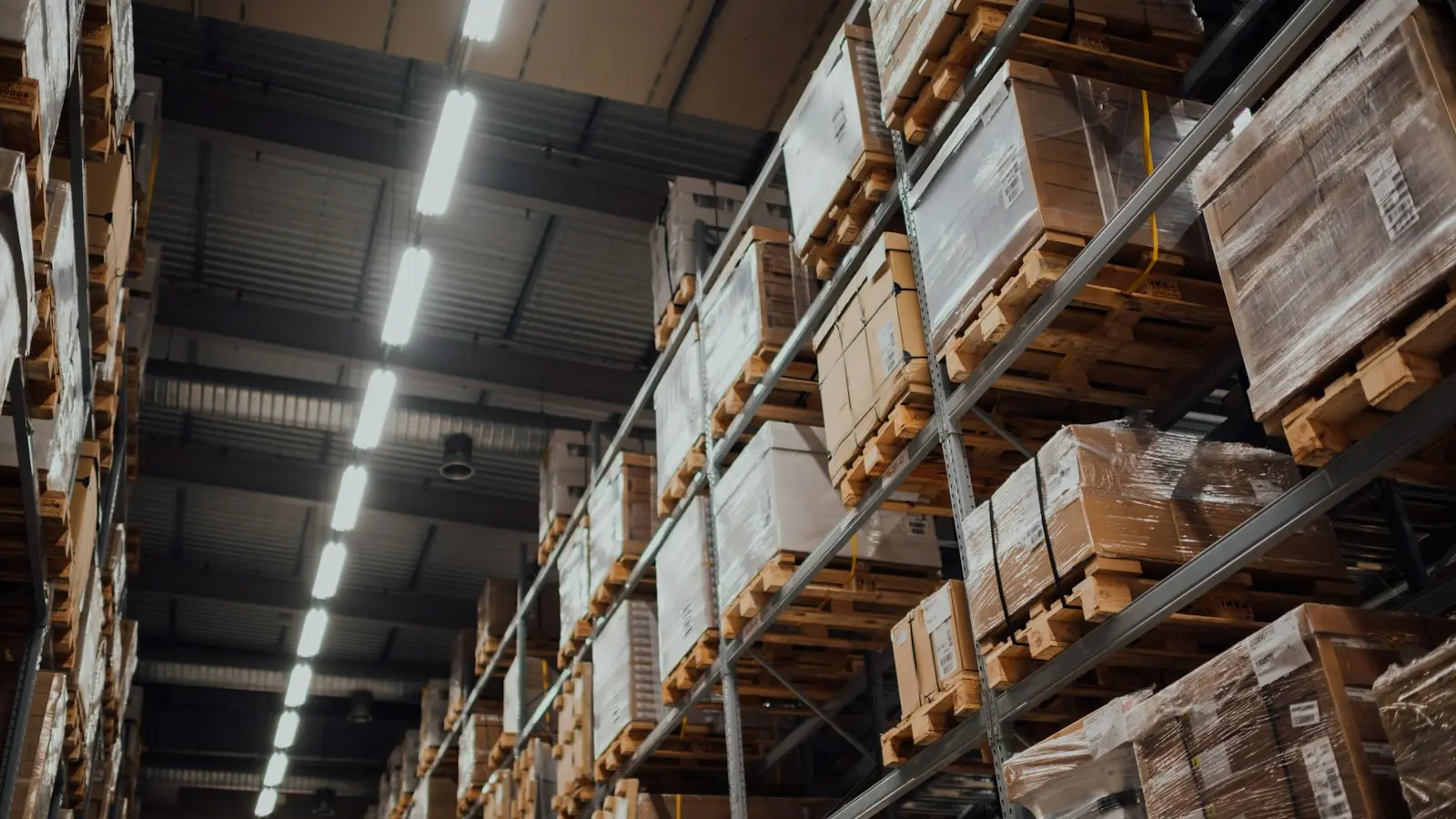 A logistics warehouse with organized storage aisles